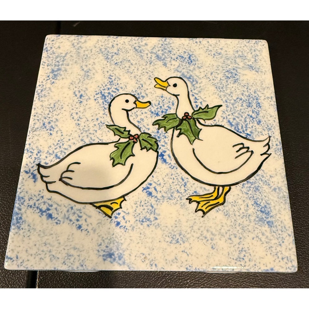 Decorative Tile Blue White Christmas Ducks Holly Wreath 6x6 Rustic Farm Decor